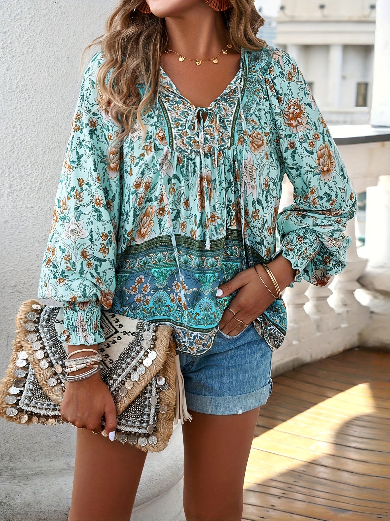 Floral Print V Neck Blouse, Casual Drawstring Long Sleeve Blouse For Spring & Fall, Women'S Clothing