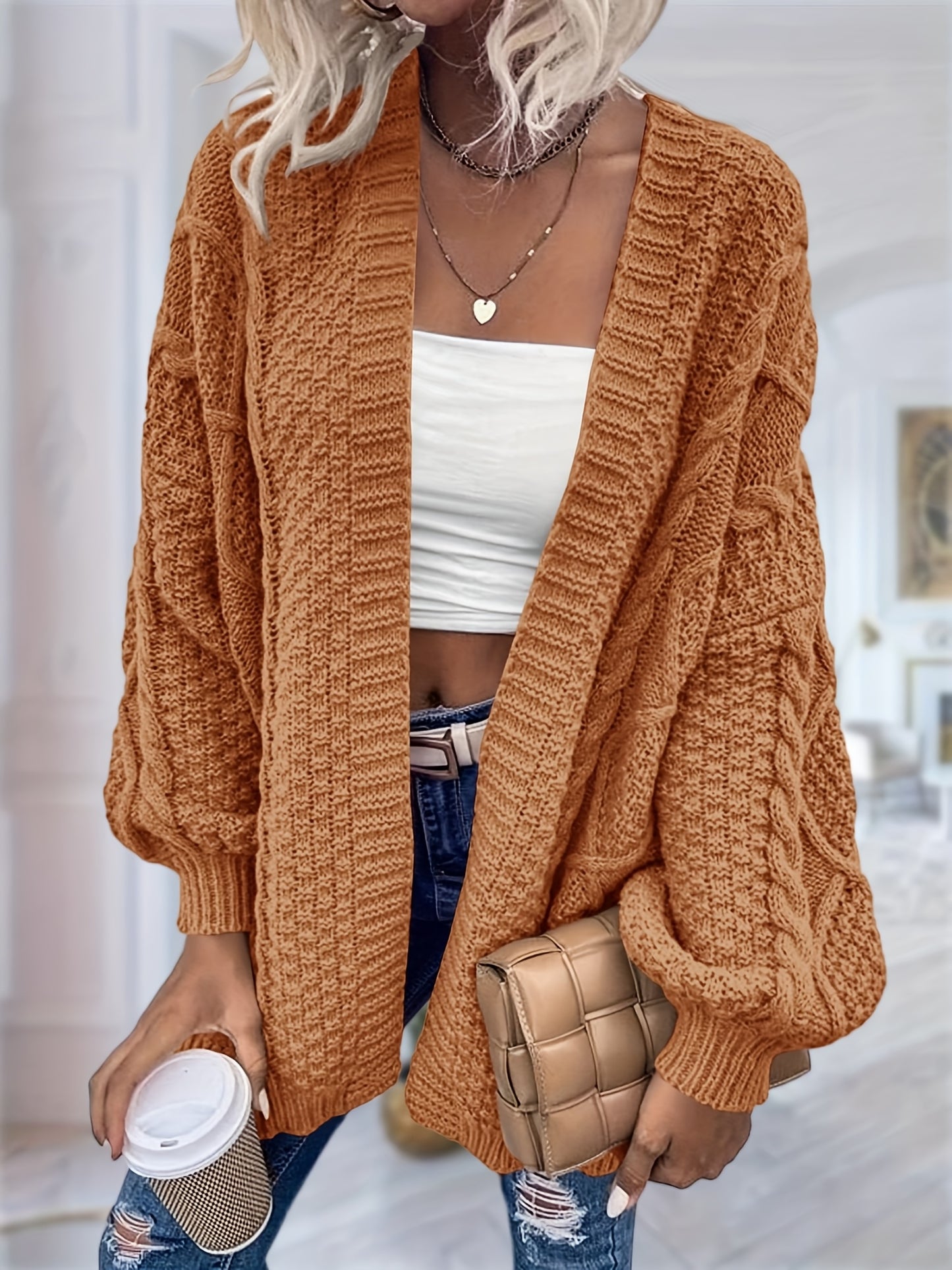 Women's Oversized Chunky Cable Cardigan Sweater Coat - Soft Pink Open Front Long Sleeve Winter Coat with Button-Free Closure, Cozy Fall & Winter Sweater for Casual Semi-Formal Outfits