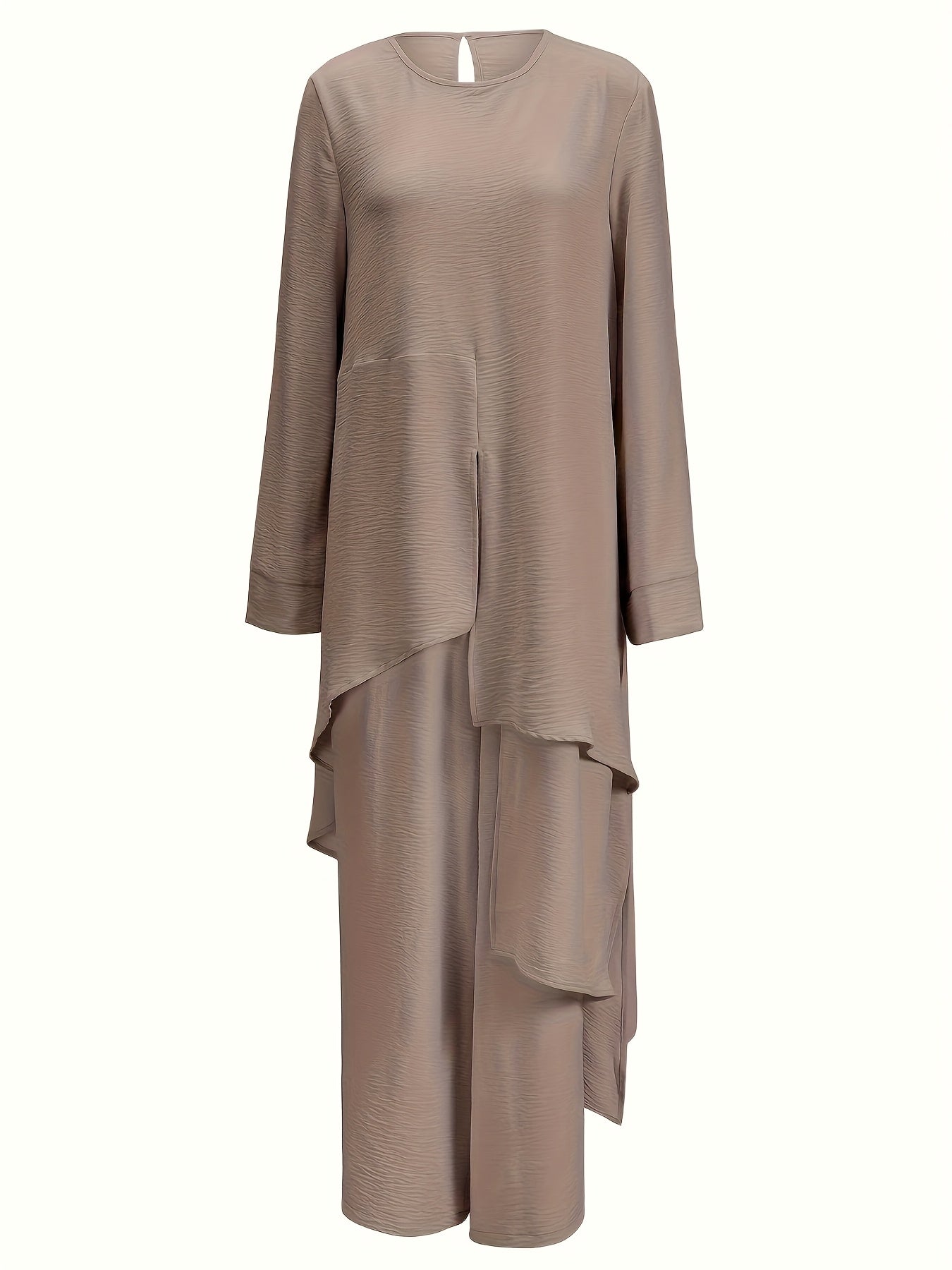 Muslim Women's Round Neck Abaya and Wide-Leg Pants Set, Middle Eastern Two-Piece Abayas with Round Neck