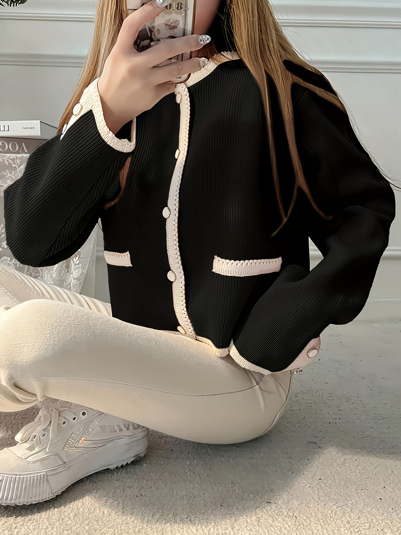 Women'S Elegant Cardigan - Black & Beige Two-Tone Sweater, Long Sleeve Open Front Button Closure, Fall/Winter Layering Piece for Casual Formal Outfits - Women'S Chic Sweater, Cardigan Sweater, Winter Fashion, Stylish Knitwear