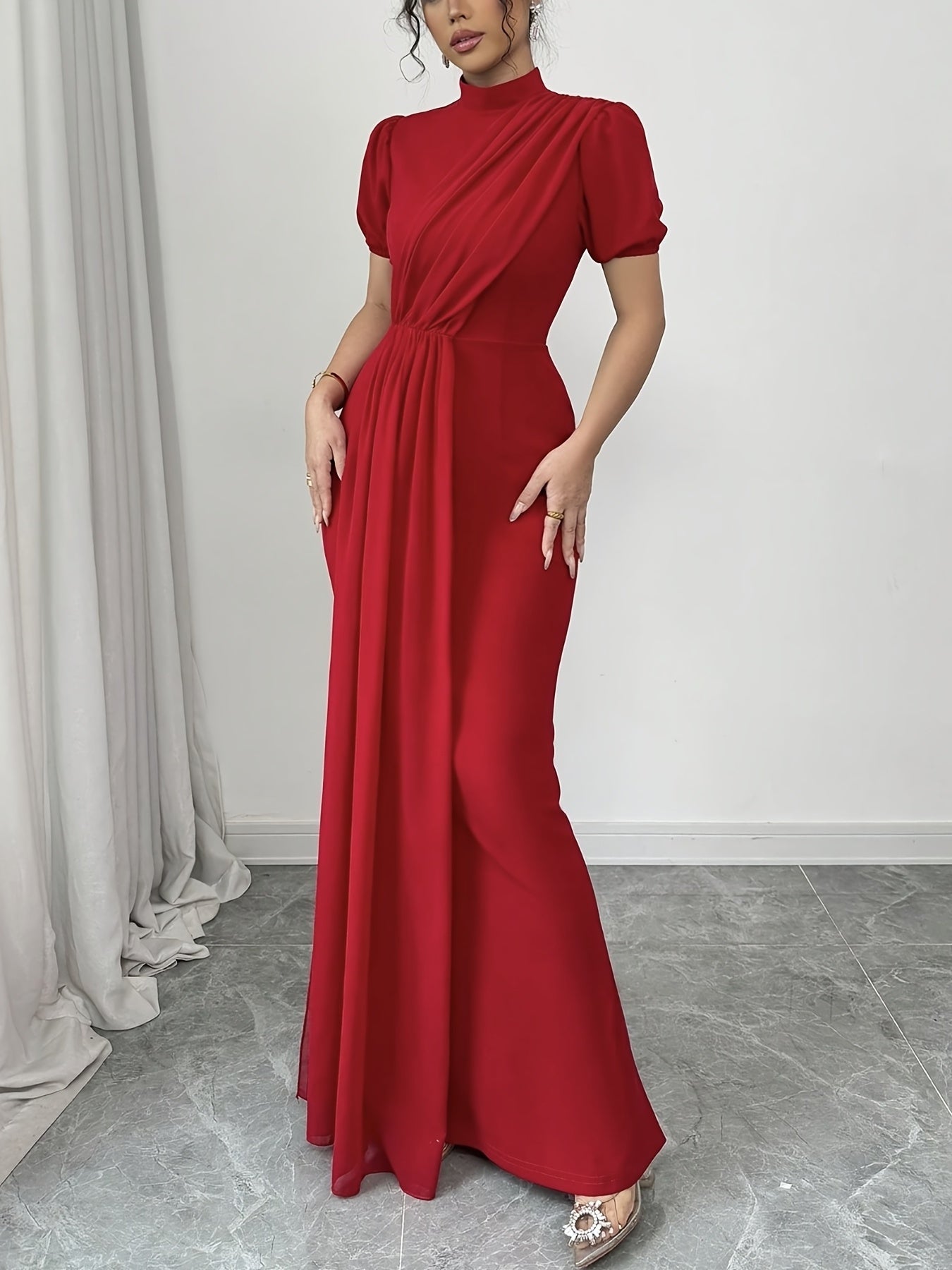 Elegant Red Midi Dress for Women - High Neck, Short Sleeves, Ruched Waist, Flowing Skirt, Perfect for Weddings or Formal Events, Polyester Blend, Machine Washable, Formal Event Attire|Ruched Waist Dress|Polyester Blend Dress