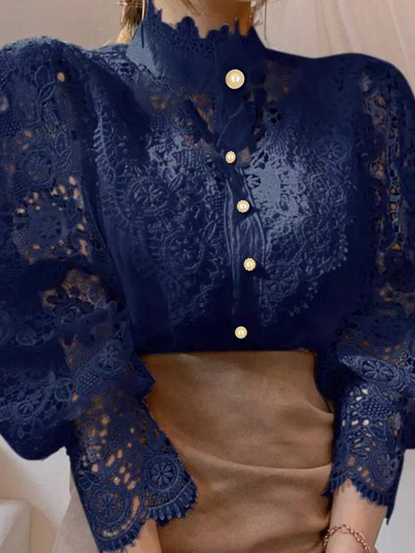 French Loose Chic Buttons, Heavy Lace, Cut-Out Floral Panels