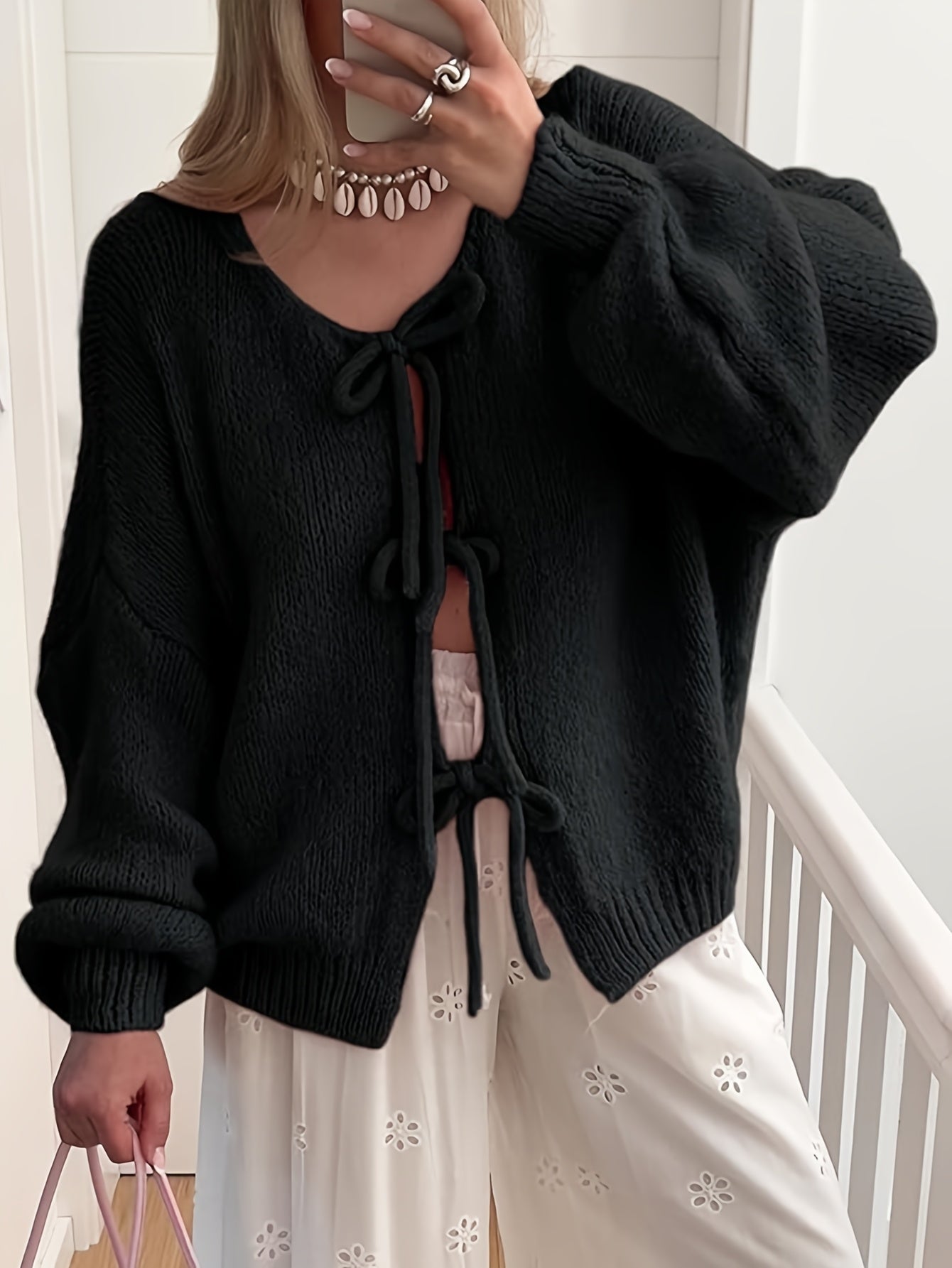 Women'S Oversized Bowtie Knit Sweater Cardigan With Y2K Vibe Long Sleeves V Neck Open Front Casual Wear