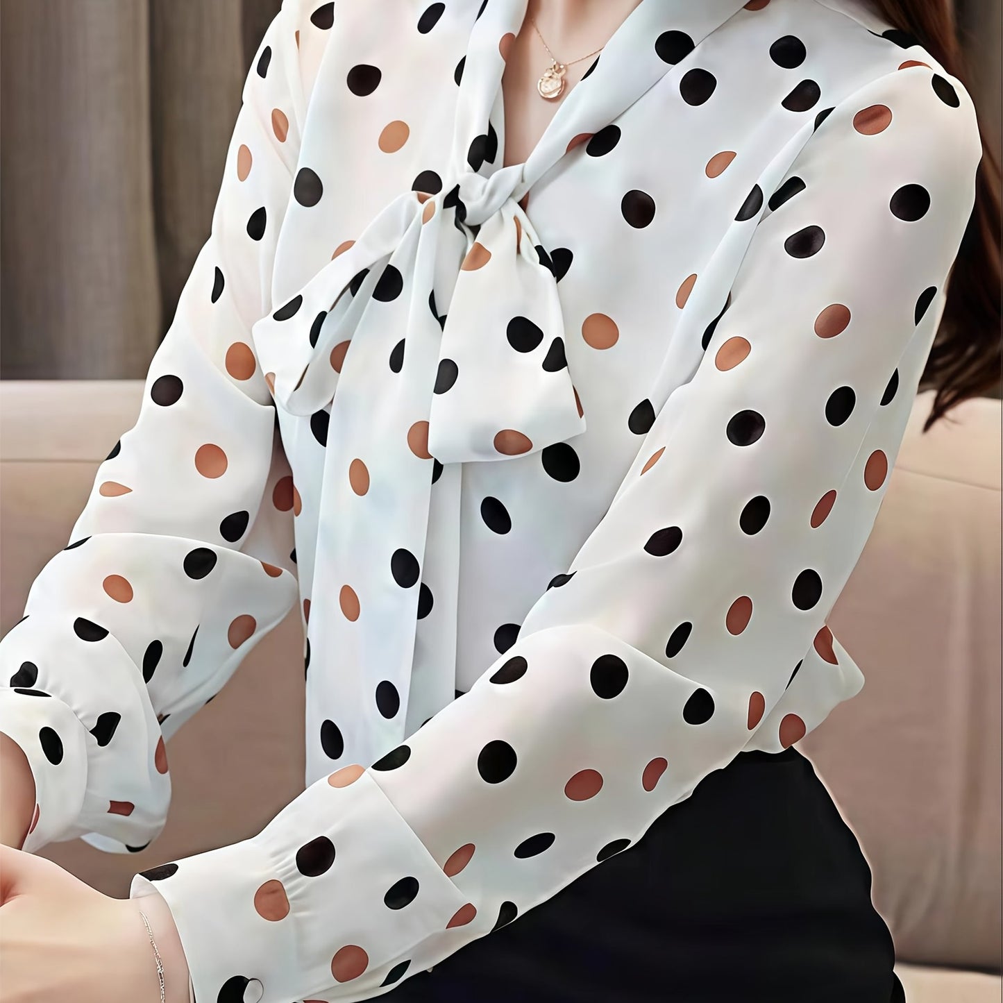 Polka Dot Print Long-sleeve Blouse, Women'S All-season Casual Top. Elegant And Versatile Style Suitable For Spring, Summer, Autumn, And Winter, Perfect For Both Office Wear And Dates, Offering A Fresh And Refined Look