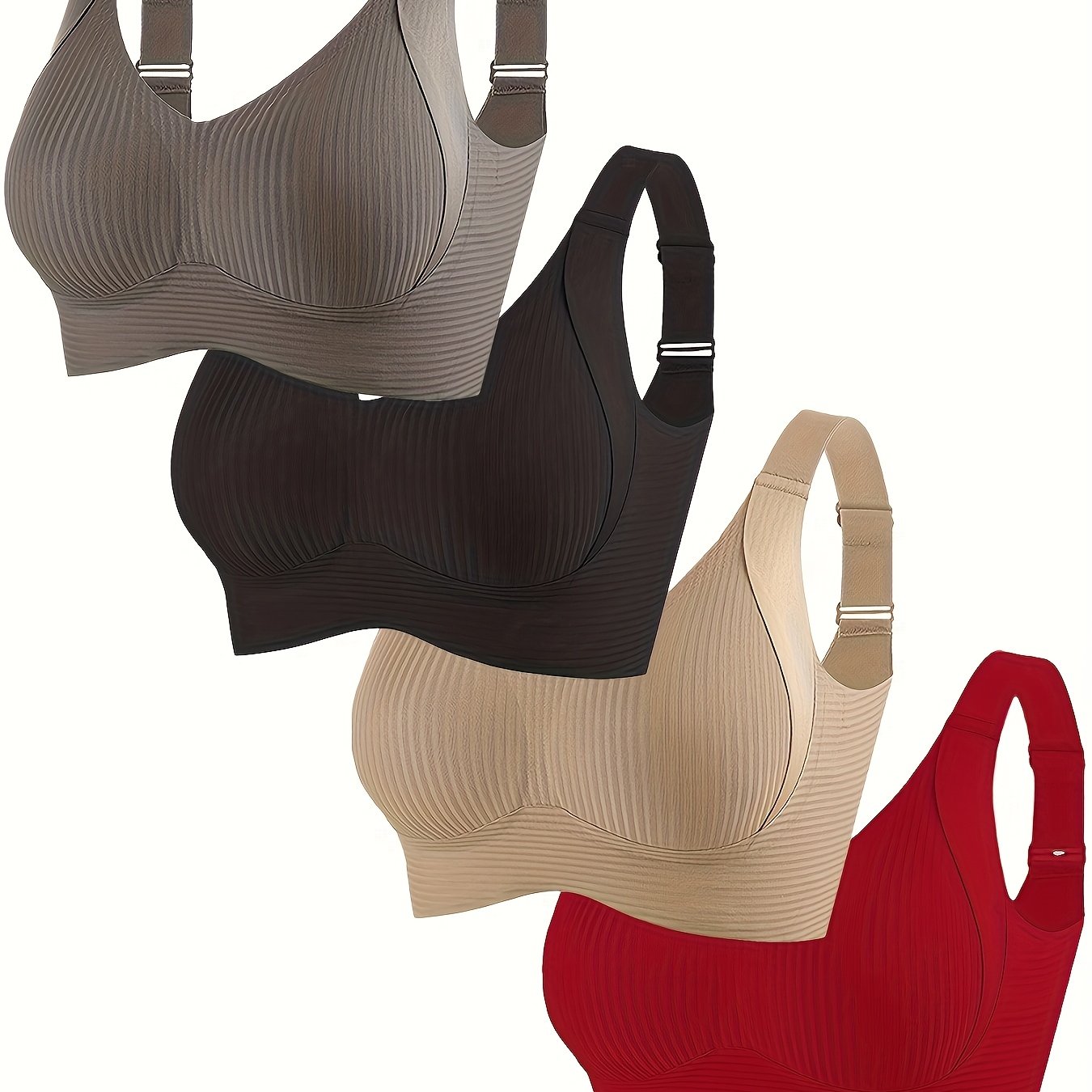 4pcs Women'S Seamless Bra - Elegant Solid Color, Wide Straps And Built-In Bra, Comfortable And Breathable Wireless Support, Non-Padded Ribbed Texture - Available in White, Beige, Black, Brown, Medium Support Bra|Seamless Unde