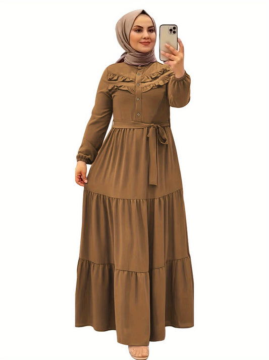 [Light Green Maxi Dress] Casual Light Green Polyester Maxi Dress - Elegant Solid Color with Ruffle Hem & Button Detail, Machine Washable - Hijab Not Included