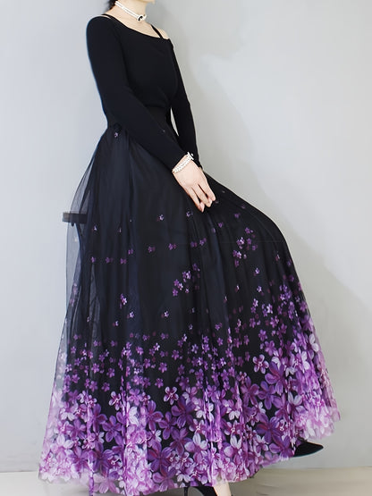A Long Skirt That Flatters The Figure, Concealing Imperfections, Made of High-Quality Three-Layer Mesh Fabric with Floral Prints, Featuring a High Waist And a Flared Design.
