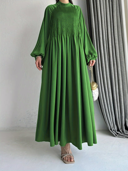 Solid Pleated Mock Neck Modest Dress, Elegant Lantern Sleeve Belted Ruffle Hem Maxi Dress, Women's Clothing