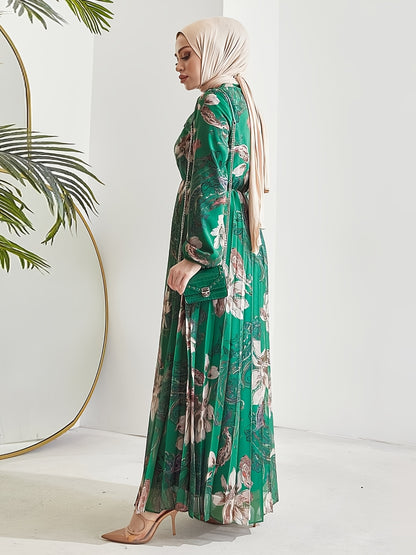 Stunning Floral Print Maxi Kaftan Dress - Modest Long Sleeve, Pleated, Flowy, Polyester, Machine Washable, Random Printing, Middle Eastern Style - Perfect for All Seasons