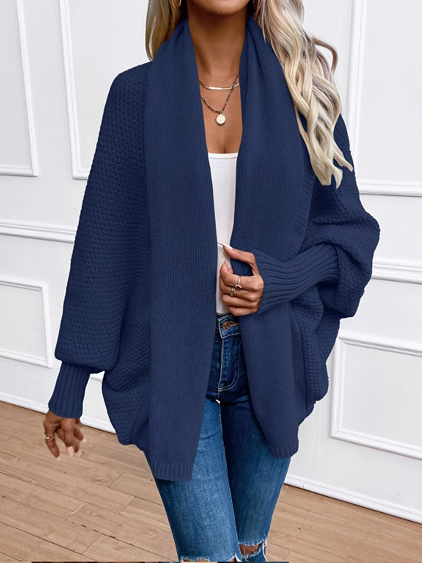 [Elegant Cardigan] Lightweight Polyester Elegant Women's Solid Color Bell Sleeve Cardigan | Contrast Collar, Perfect for Spring/Fall & Winter, Autumn Winter Fashion