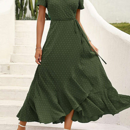 Elegant Women's Swiss Dot Surplice Neck Maxi Dress - D&M Boutique 