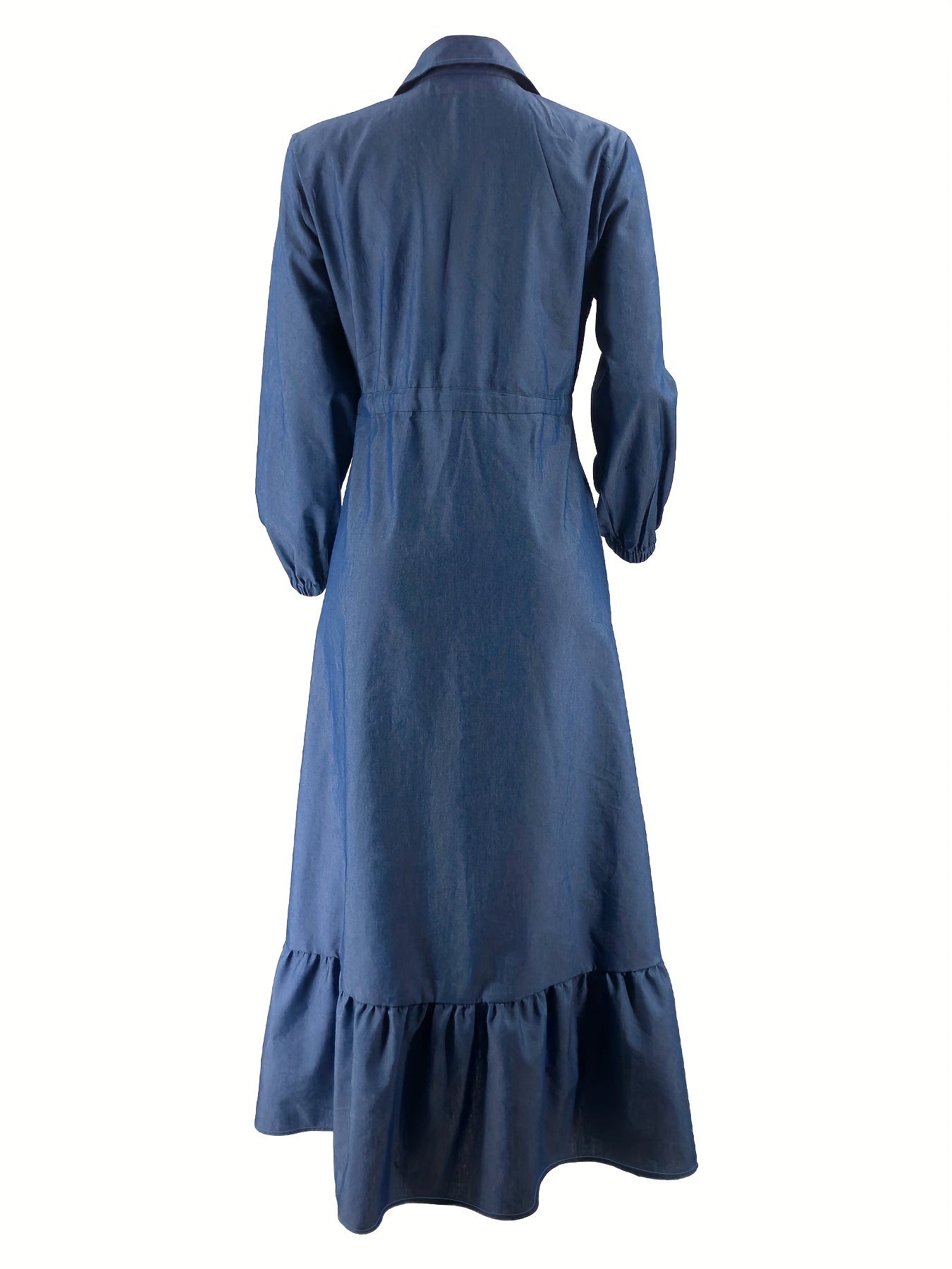 [Stylish Dress] Stylish Blue Women's Button-Up Dress | Long Sleeve, Ruffle Detail, Front Pocket, Drawstring Waist, Casual, All-Season - (Headscarf Not Included)