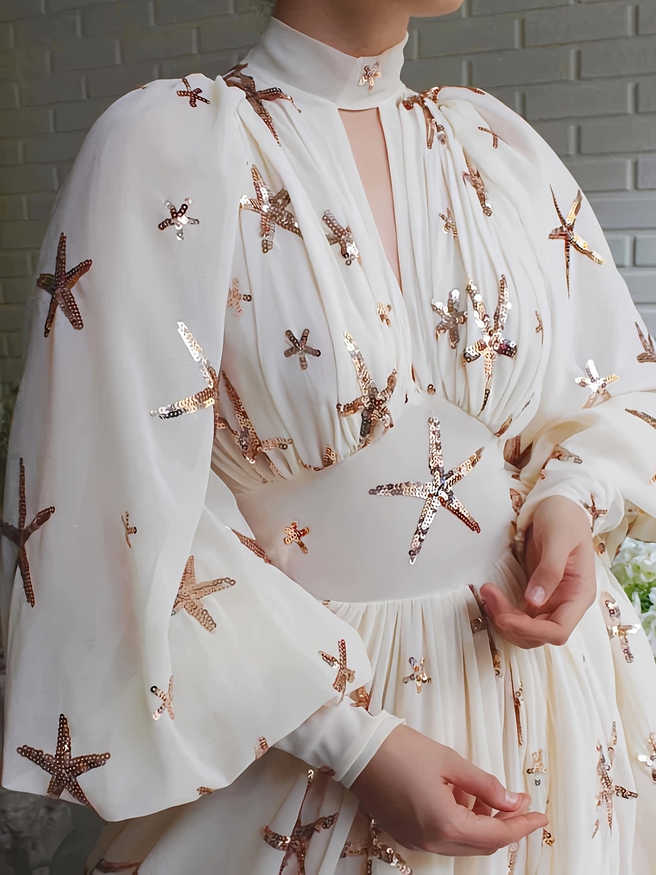 [Elegant Sequined Party Dress] Elegant Sequined Chiffon Dress | Stand Collar, Lantern Sleeves, Slit, Big Swing, Ladies Party Holiday Long Dress