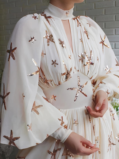 [Elegant Sequined Party Dress] Elegant Sequined Chiffon Dress | Stand Collar, Lantern Sleeves, Slit, Big Swing, Ladies Party Holiday Long Dress