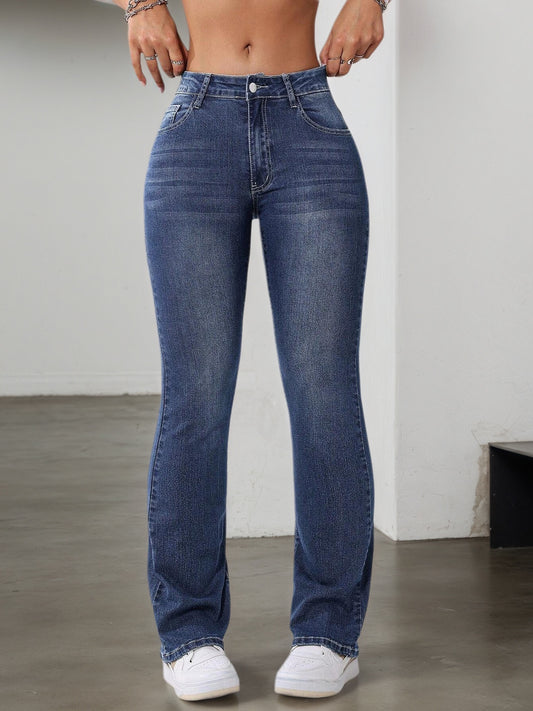 Women'S Stretchy Casual Flare Jeans - Versatile High-Waisted Bell Bottoms with Slash Pockets, Light Wash Blue, Comfortable & Stylish for All Seasons, High Waisted Jeans, Allseason Fashion, Elegant Design, Durable Fabric