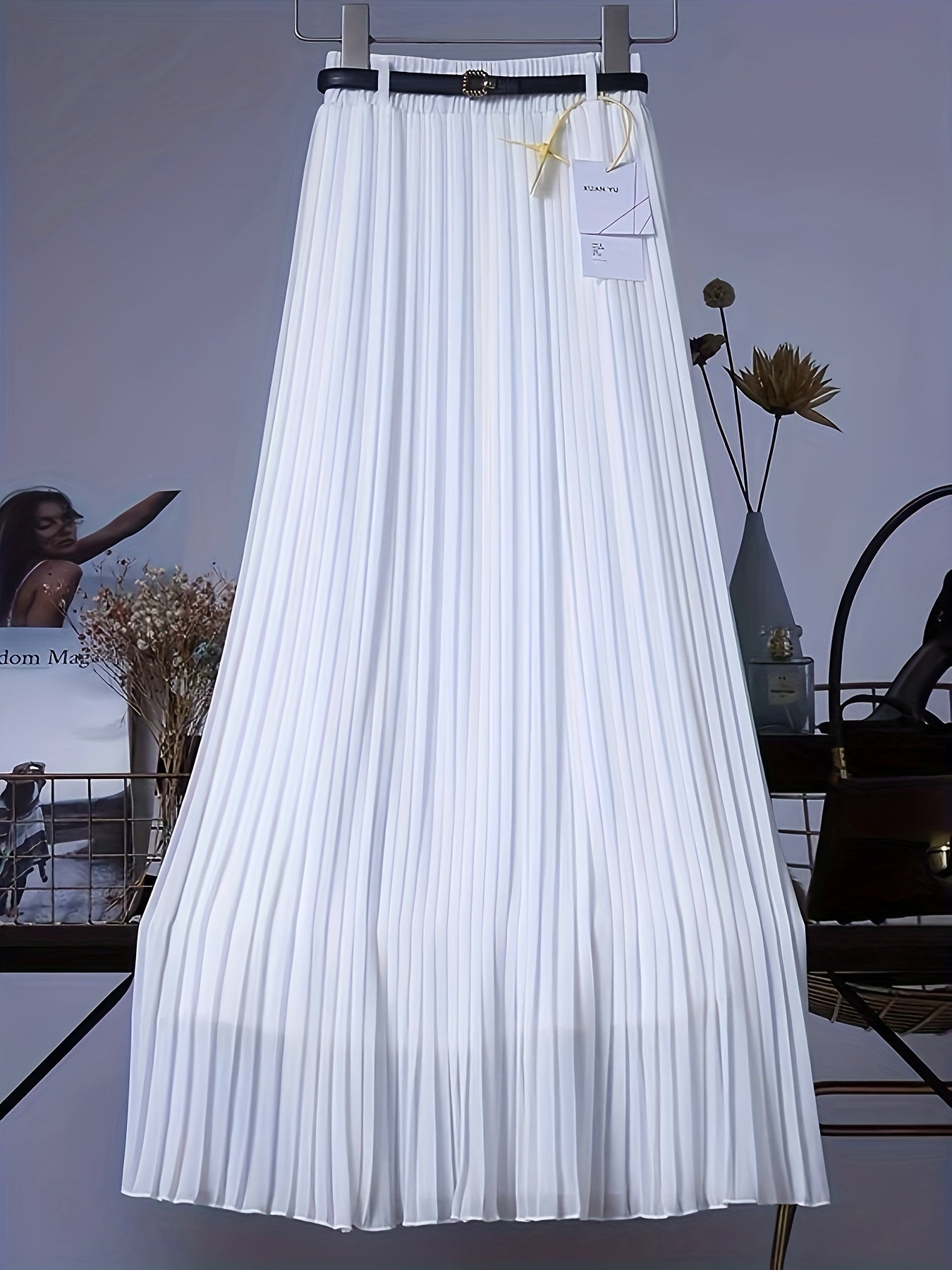 [Chic Pleated] High-Waisted Flowy Chiffon Skirt A-Line Midi Long Dress for Women