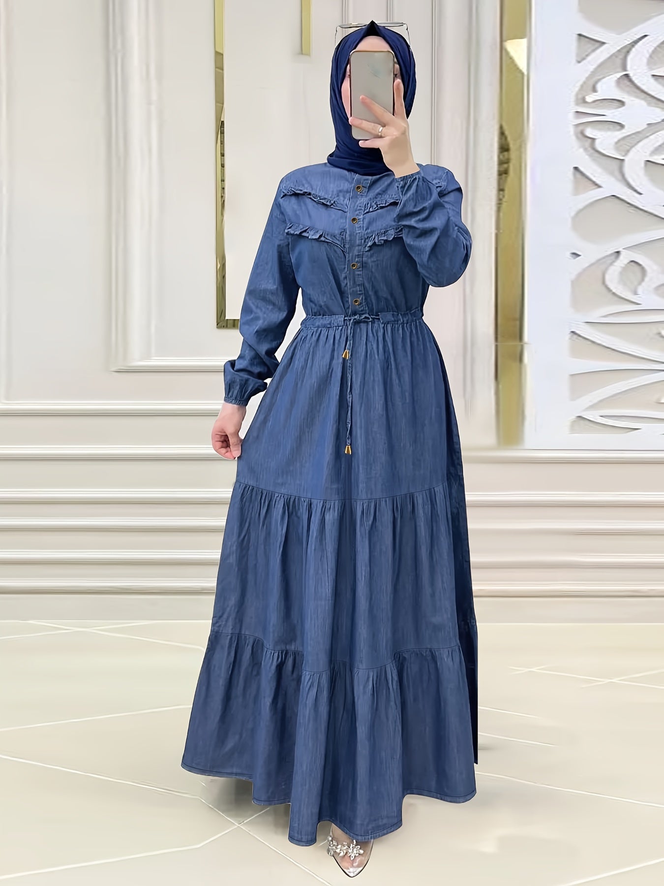 Ramadan Button Front Modest Dress, Elegant Long Sleeve Loose Maxi Dress, Women's Clothing