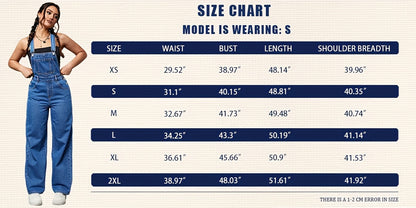 Women's Denim Overalls Jumpsuit - Loose Fit Long Romper with Pocket & Side Pockets, Adjustable Shoulder Straps & Belt Loop Waist, Sleeveless Solid Color Casual Chic Outfit for All Seasons, Versatile Clothing, Secure Button Cl