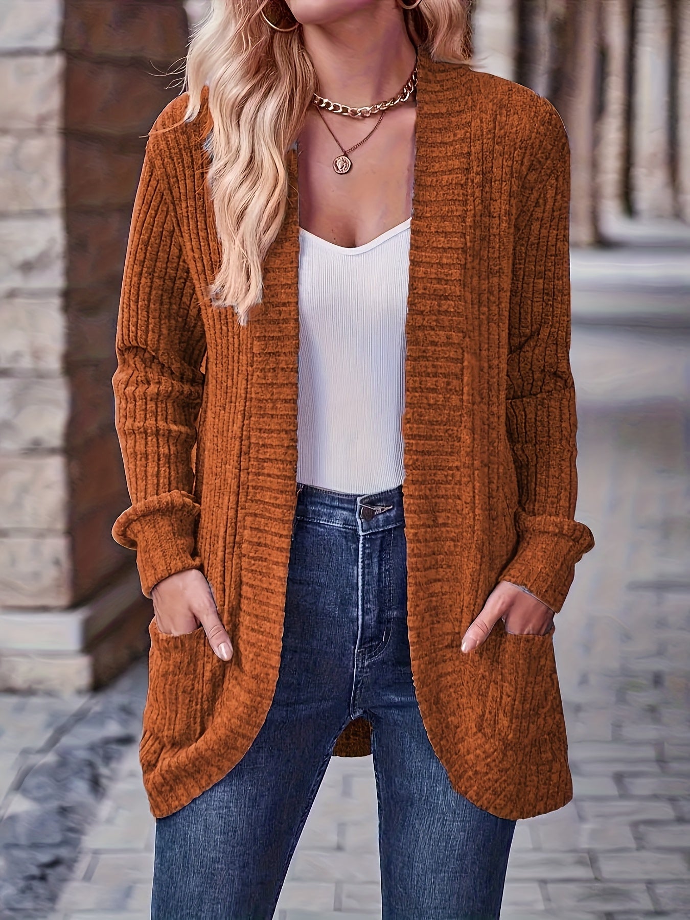 [Elegant Women's Blouse] Elegant & Chic Women's Loose Fit Long Sleeve Blouse | Open Collar Casual Top with Side Pockets, Machine Washable, Mustard-Yellow, Non-Transparent, All-Season, Medium Elasticity, Versatile, Quality Sti