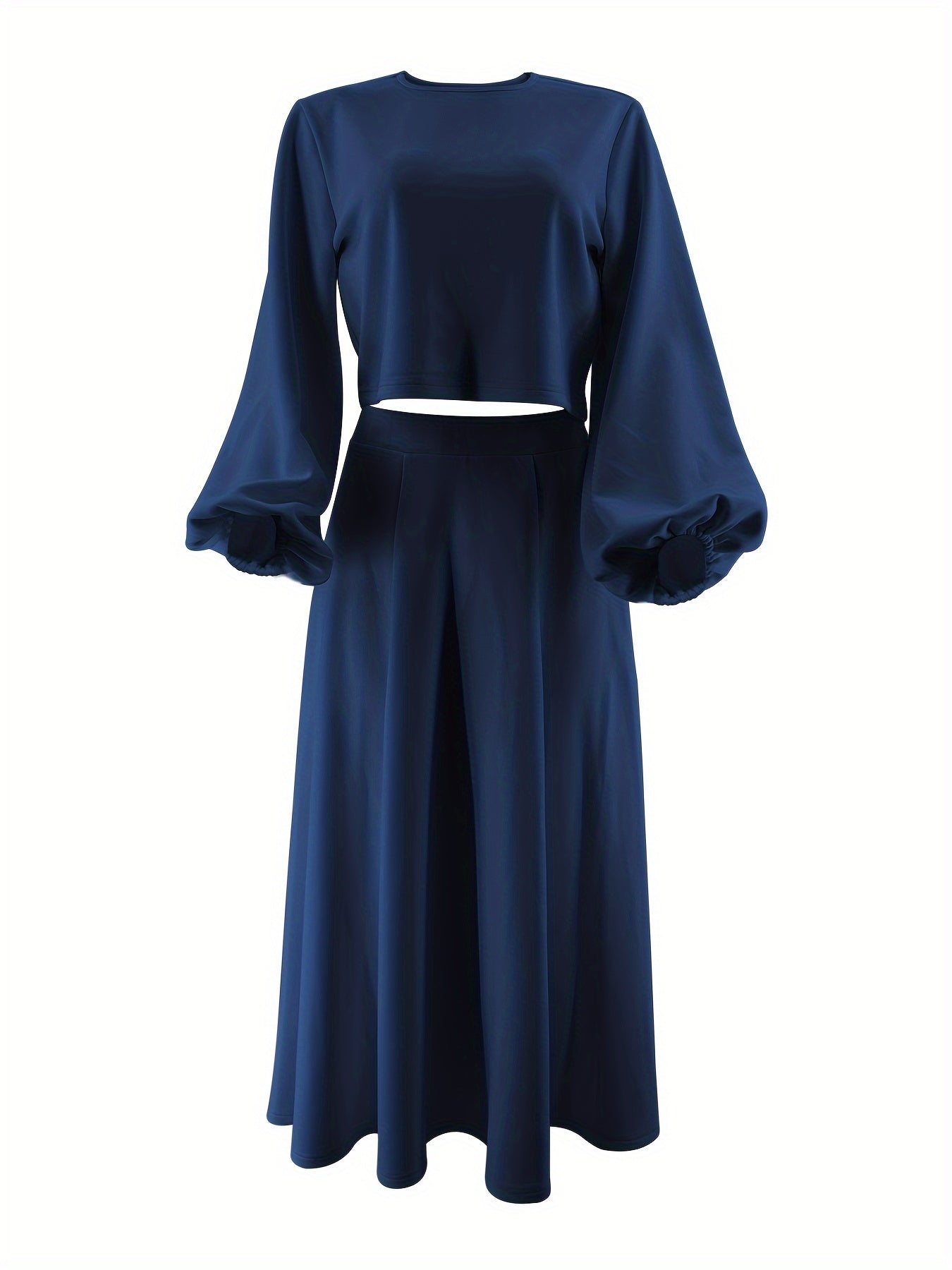 Chic Solid Color Skirt Set - Elegant Crew Neck Lantern Sleeve Top, Flowy Pleated Draped Midi Skirt, Comfortable Women's Clothing for Everyday Wear