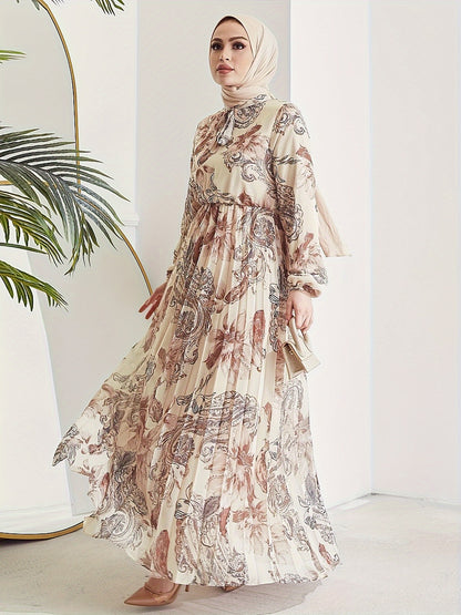 Stunning Floral Print Maxi Kaftan Dress - Modest Long Sleeve, Pleated, Flowy, Polyester, Machine Washable, Random Printing, Middle Eastern Style - Perfect for All Seasons