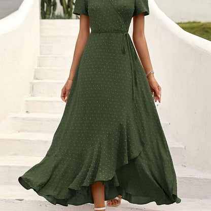 Elegant Women's Swiss Dot Surplice Neck Maxi Dress - D&M Boutique 