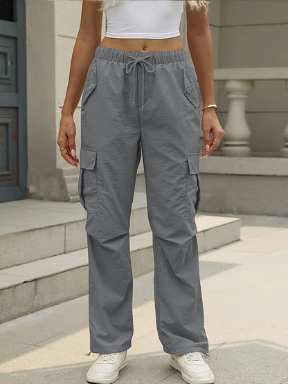 Women's Casual Cargo Pants with Adjustable Waist & Multi-Pocket Design - Low-Transparency Non-Stretch Heavyweight Fabric, All-Season Solid Color Work Pants for Outdoor, Travel, Casual Attire - Belt Loops & Button Closure (No