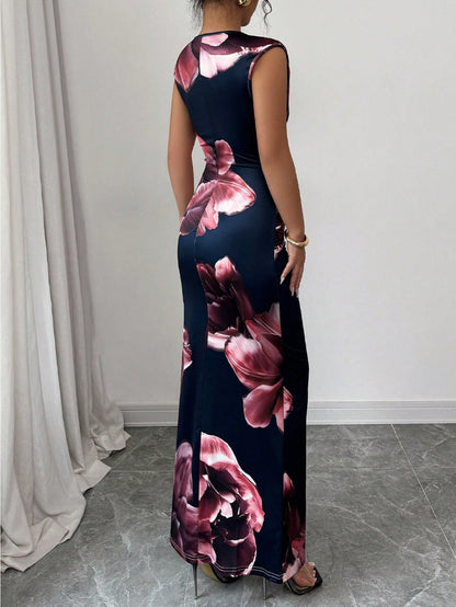 Women's Slim Fit Sleeveless Bodycon Dress - Dark Navy Blue Floral Print A-Line Mid-Length Dress, Machine Washable Elegant Party & Travel Dress for Spring Summer Fall, Tight Fitted Dress, Sophisticated Craftsmanship, Street St