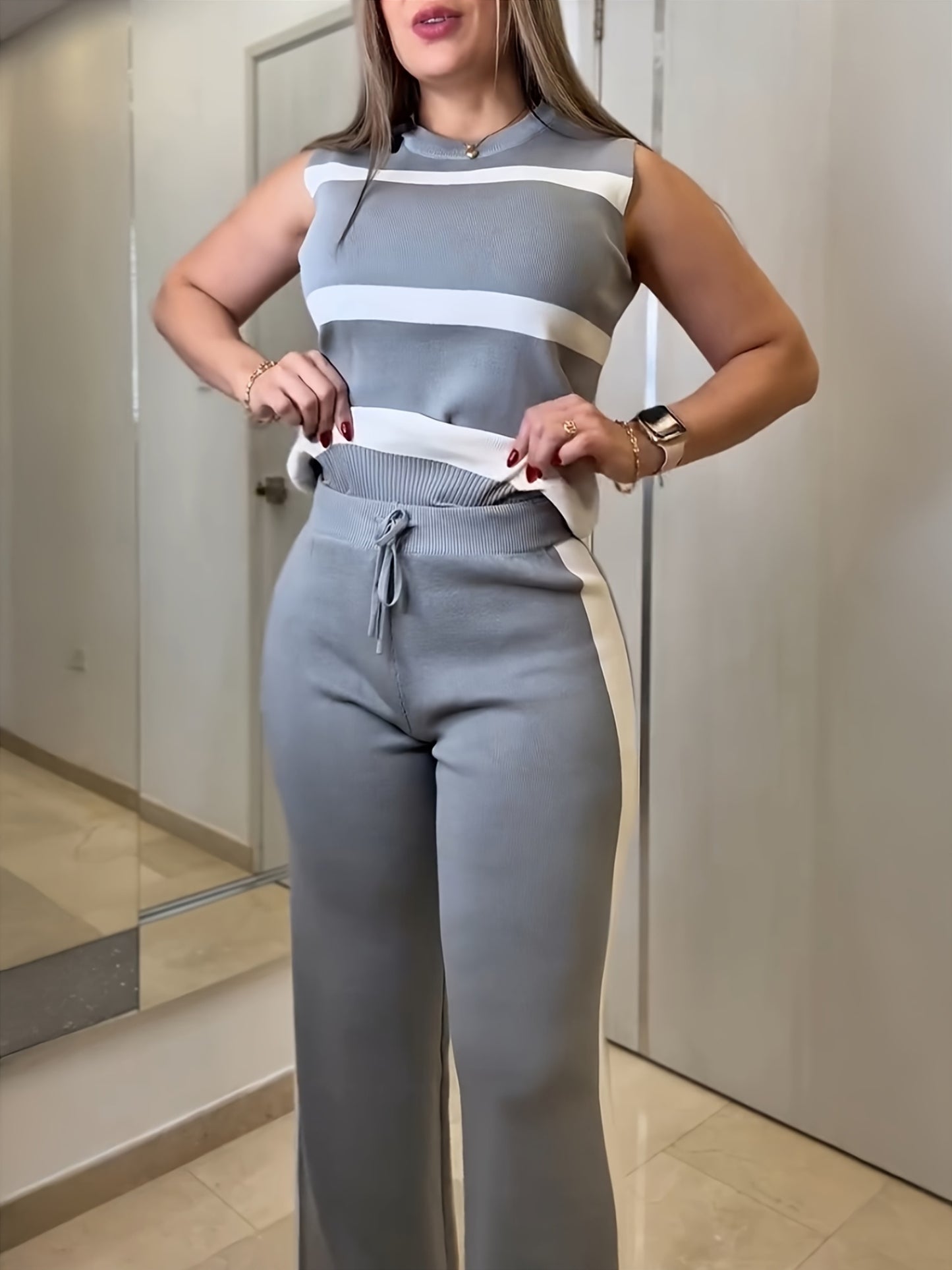 Striped Sleeveless Top & Drawstring Pants Set for Women