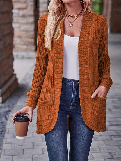 [Elegant Women's Blouse] Elegant & Chic Women's Loose Fit Long Sleeve Blouse | Open Collar Casual Top with Side Pockets, Machine Washable, Mustard-Yellow, Non-Transparent, All-Season, Medium Elasticity, Versatile, Quality Sti