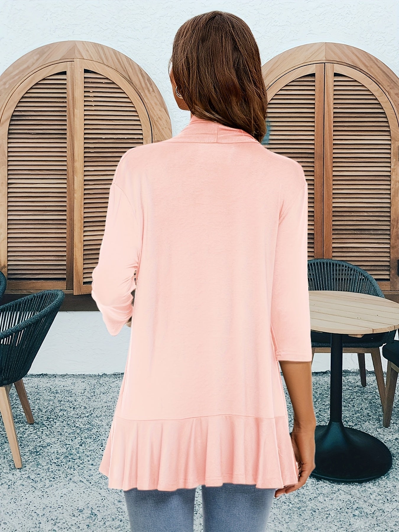 [Lightweight Ruffled Cardigan] Lightweight Women's Light Pink Ruffled Cardigan | Casual Open Front Sweater with Asymmetrical Hem, Long Sleeves, and Button Details for Fall & Winter
