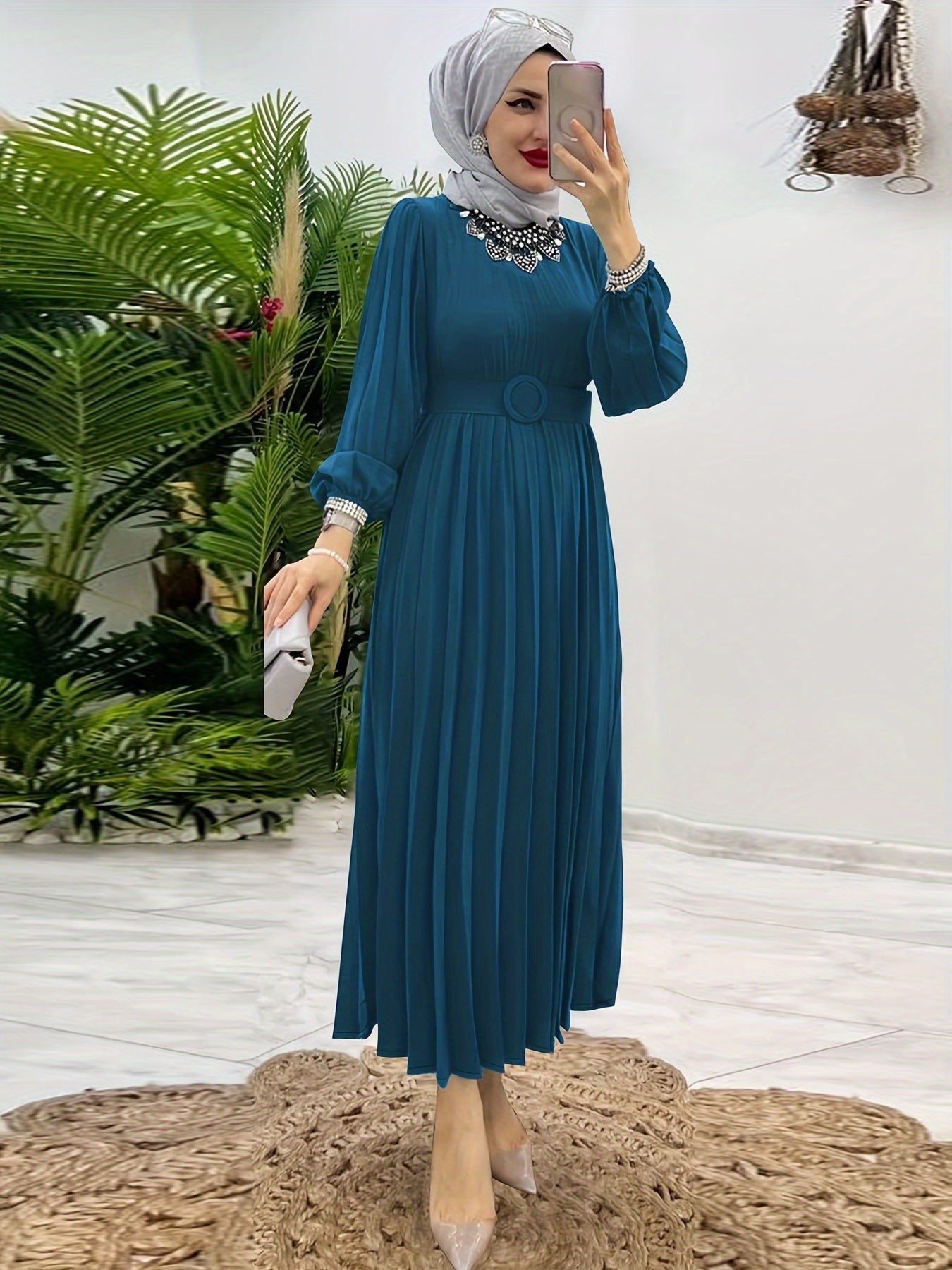 [Elegant Abaya] Elegant Mint Green Abaya | Women's Middle Eastern Modest Dress, Long Sleeve, Floor-Length, Belted Waist, Puff Sleeve, Machine Washable, Traditional, Solid Color, No Stretch Fabric, Casual & Formal Occasions