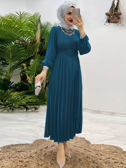 [Elegant Abaya] Elegant Mint Green Abaya | Women's Middle Eastern Modest Dress, Long Sleeve, Floor-Length, Belted Waist, Puff Sleeve, Machine Washable, Traditional, Solid Color, No Stretch Fabric, Casual & Formal Occasions