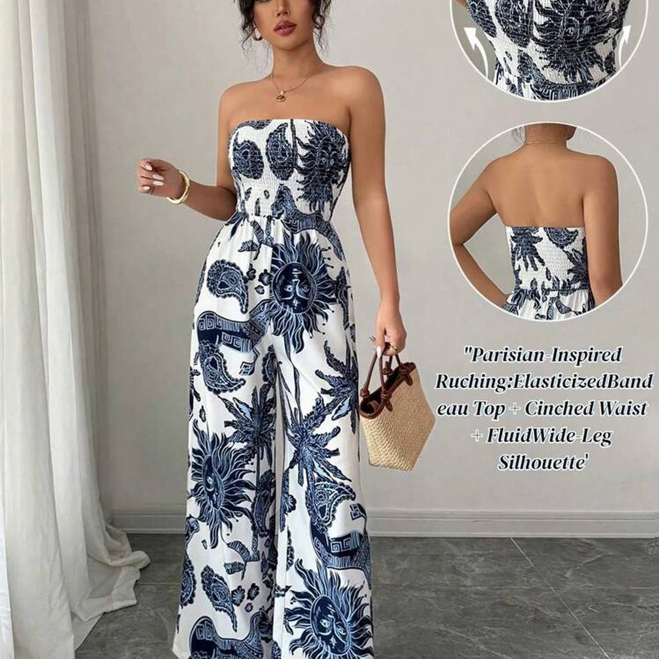 [Silklike Jumpsuit] Women's Lightweight Silklike Sleeveless Off-Shoulder Smocking Jumpsuit | Geometric Digital Print Wide-Leg Beachwear, Machine Washable Non-Stretch Fabric for Vacation & Casual Outings, Summer Outfit, Smooth