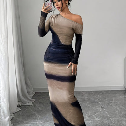 [Elegant Maxi Dress] Elegant Off-Shoulder Maxi Dress | Long Sleeve, Bodycon Fit, Tie Waist, Beige and Navy Blue - Perfect for Spring, Summer, and Fall, Casual to Formal Occasions