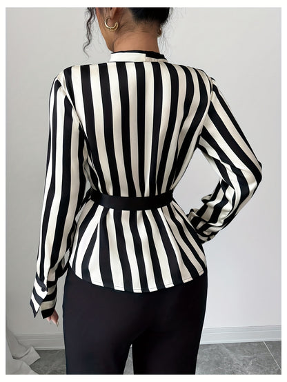 [Stylish, Button-Up Shirt] Stylish, Versatile Women's Long Sleeve Button-Up Shirt - V-Neck, Black & White Striped Pattern, Regular Fit, All-Season Top for Casual or Formal Wear