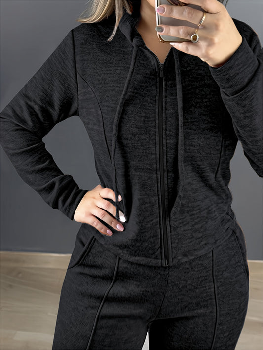 2pcs Outfit Long Sleeve Hooded Cardigan And Casual Wide Leg Pants Set