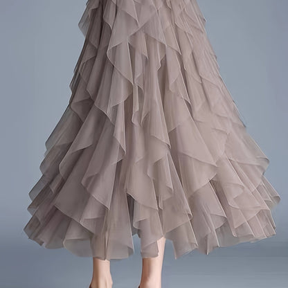 Chic Elegance, Elegant High-Waist A-Line Tulle Skirt for Women - Chic Korean-Style Spring Collection, Sheer Brown Polyester with Delicate Mesh Layers, Perfect for Summer Skirt