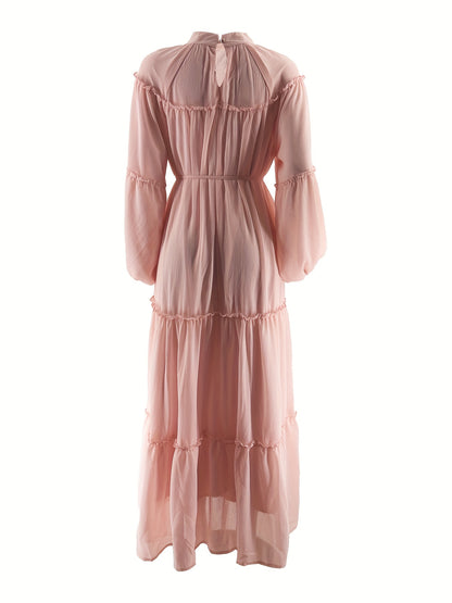 Women's Casual Fashionable Date Vacation Middle Eastern Muslim Minimalist Solid Color Soft Lace Design Long Elegant Dress with Belt