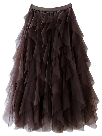 Chic Elegance, Elegant High-Waist A-Line Tulle Skirt for Women - Chic Korean-Style Spring Collection, Sheer Brown Polyester with Delicate Mesh Layers, Perfect for Summer Skirt