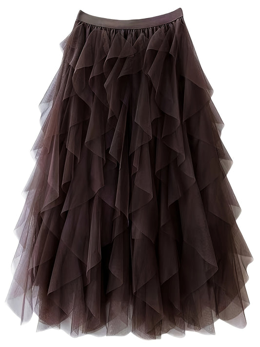 Chic Elegance, Elegant High-Waist A-Line Tulle Skirt for Women - Chic Korean-Style Spring Collection, Sheer Brown Polyester with Delicate Mesh Layers, Perfect for Summer Skirt