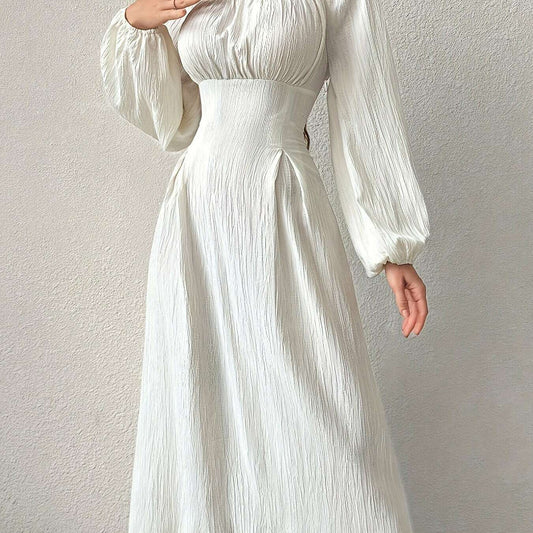 Textured Cross Tie Lantern Sleeve Dress – Elegant & Romantic