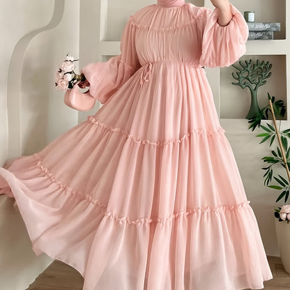 Women's Casual Fashionable Date Vacation Middle Eastern Muslim Minimalist Solid Color Soft Lace Design Long Elegant Dress with Belt