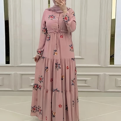 Ramadan Floral Pattern Abaya Dress, Elegant Button Front Long Sleeve Maxi Dress, Women's Clothing