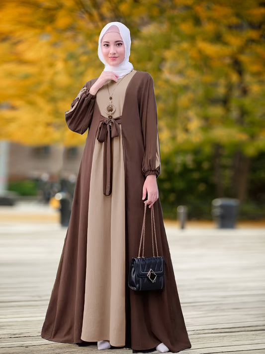 Ramadan Elegant Tie Front Kaftan Dress - Abayas with Long Sleeve, Maxi Length, Color Block Design, Women's Clothing for Special Occasions - Classic, Modest, and Chic Fashion