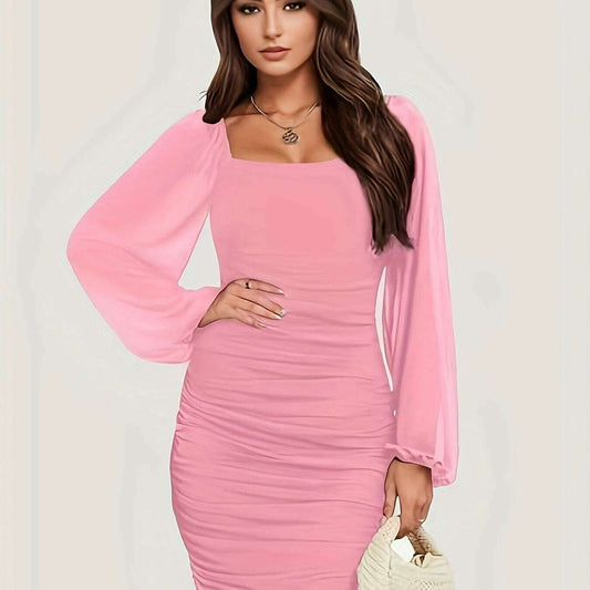Women's Long Sleeve Mesh Ruched Bodycon Mini Dress - D&M Boutique 
