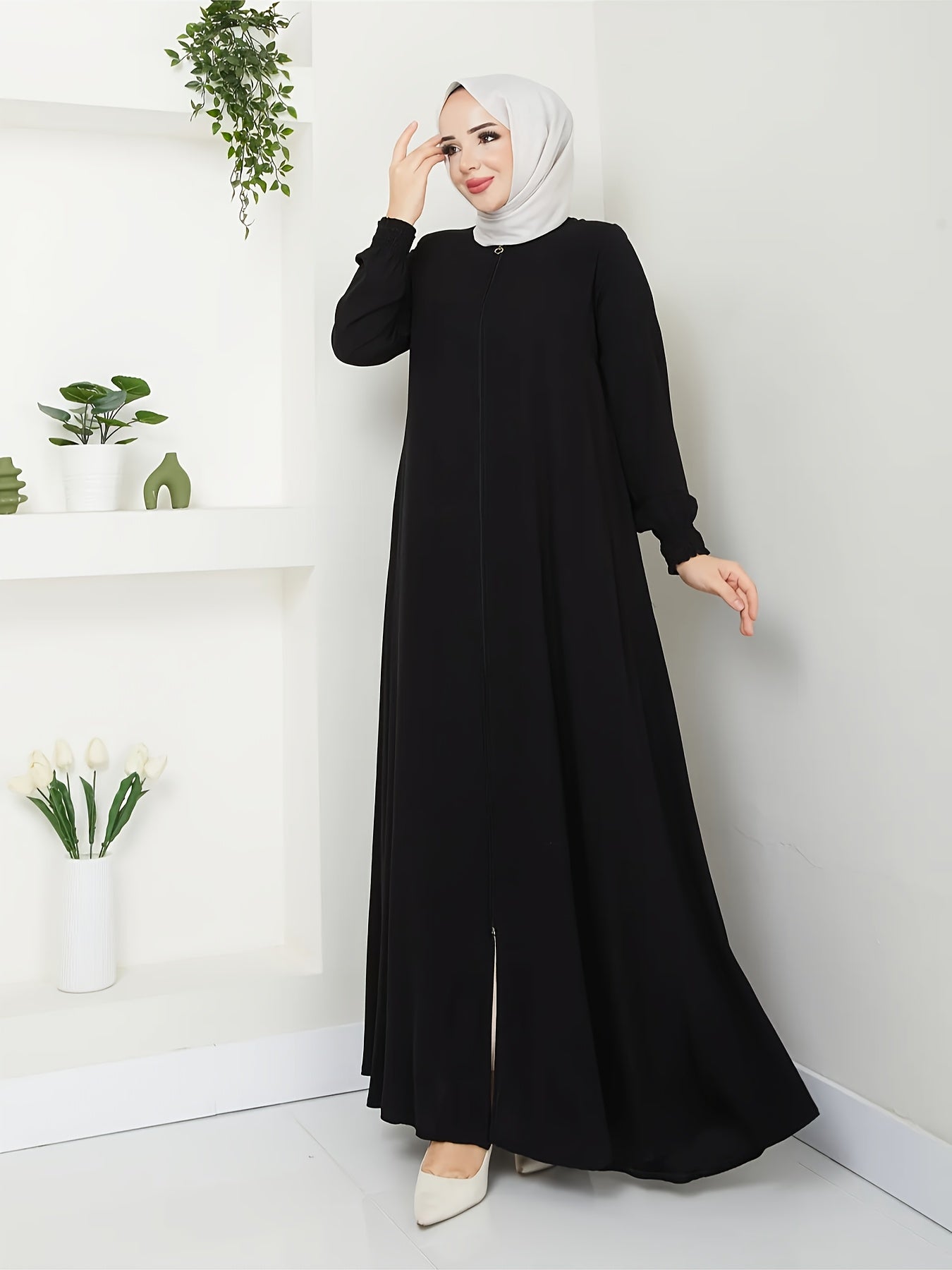 Women's Elegant Islamic Abaya Robe - Muslim Dress with Zipper Closure, Non-Stretchy Full Coverage Islamic Clothing for Everyday & Special Occasions - Modest Muslim Gown (Black) - Model 8322