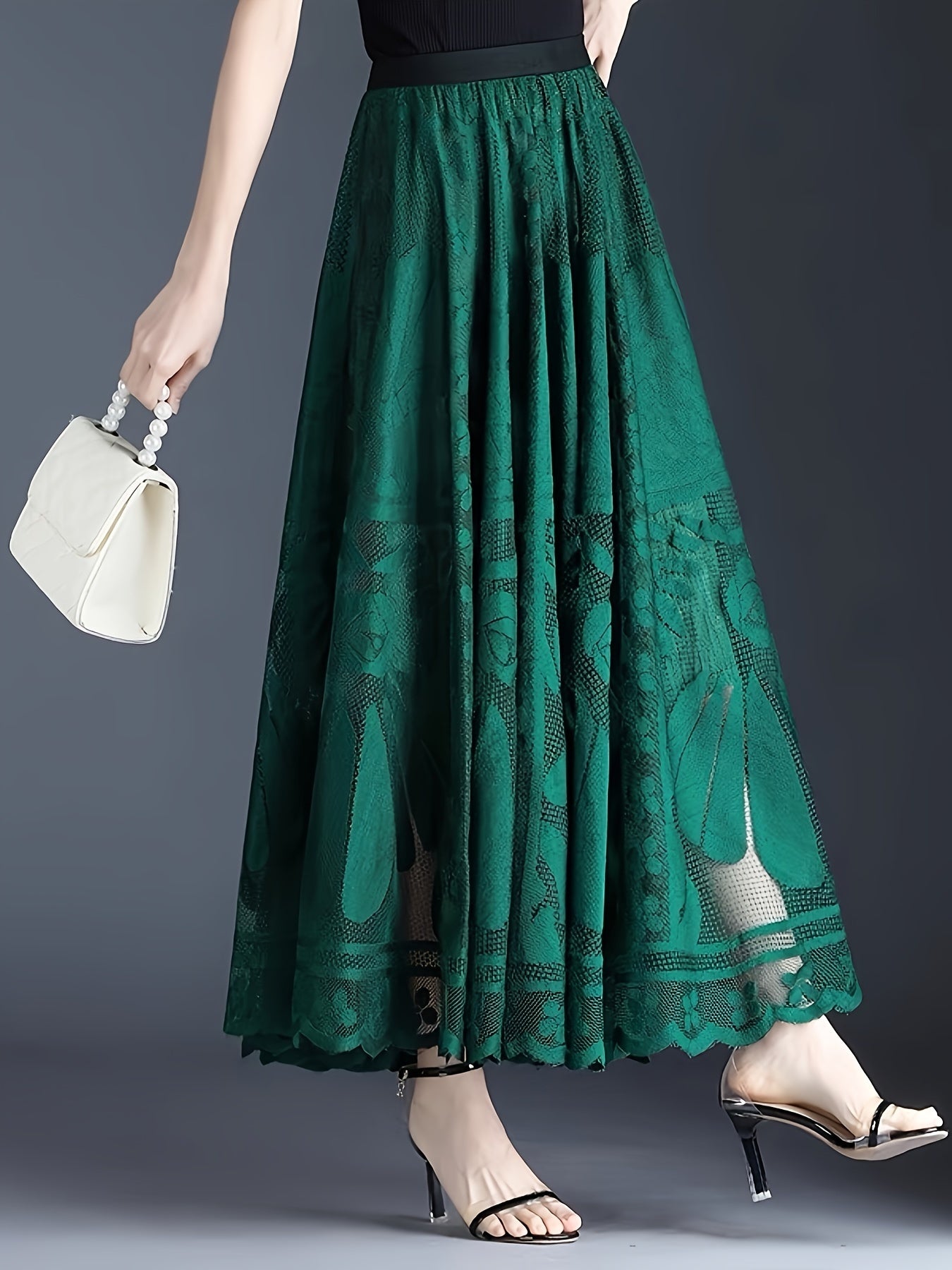 Elegant Women's A-Line Lace Skirt - Long Pleated Design with Intricate Floral Patterns, Lightweight Polyester, Ideal for Spring/Summer/Fall Events, Spring Summer Fashion|Aline Skirt|Polyester Fabric