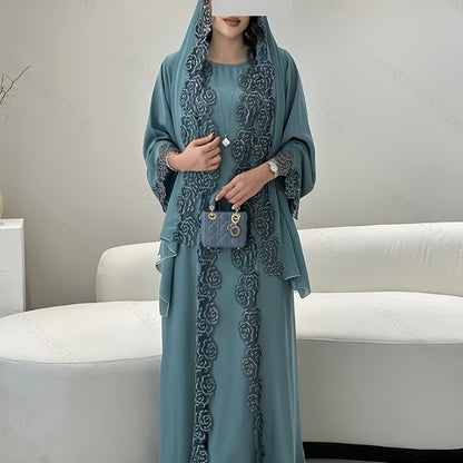 Women's 3pcs Islamic Abaya Muslim Modest Outfit Set - Long Sleeve Elegant Maxi Dress with Lace Hem & Head Veil, Loose-Fit H-Line Silhouette, Machine Washable All-Season Traditional Muslim Clothing for Prayer, Casual Attire &