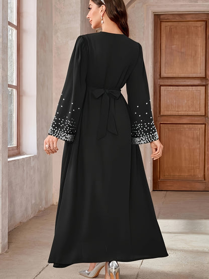 [Elegant Abaya Dress] Black Elegant Abaya Dress | Middle Eastern-Inspired, Pearl Embellishments, Sleeve Belted Waist, Puffed Shoulders & Length for Modest Formal & Casual Wear, All-season Outfit, Sparkling Details